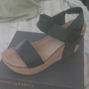 Pierre Dumas Black and Tan Wedge Sandals